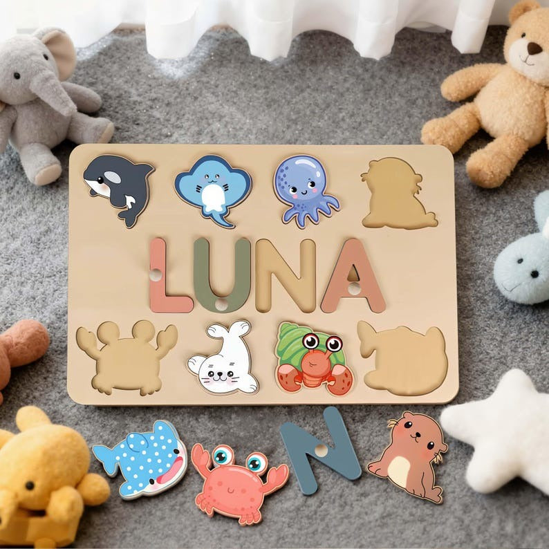 Personalized Name Puzzle Baby,Handmade Wood Name Sign, Montessori Busy Board, Educational Name Recognition & Fine Motor Skills Toy BBLB4