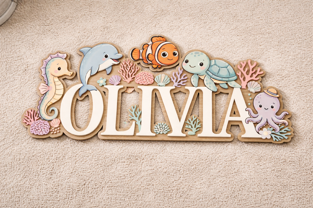 Baby Name Sign for Nursery, Ocean Animal Personalized Name Sign, Custom Nursery Name Sign, Wooden Name Sign for Nursery