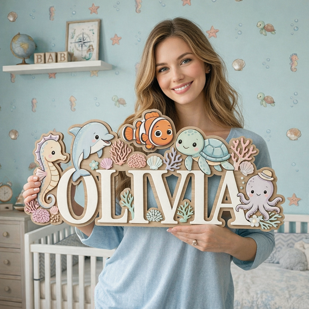 Baby Name Sign for Nursery, Ocean Animal Personalized Name Sign, Custom Nursery Name Sign, Wooden Name Sign for Nursery
