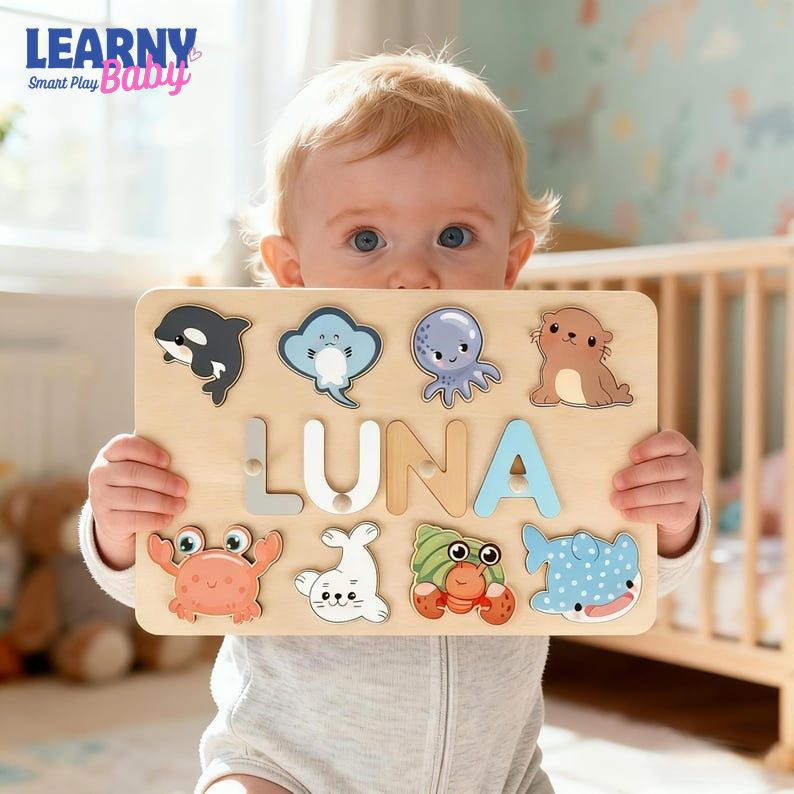 Personalized Name Puzzle Baby,Handmade Wood Name Sign, Montessori Busy Board, Educational Name Recognition & Fine Motor Skills Toy BBLB4