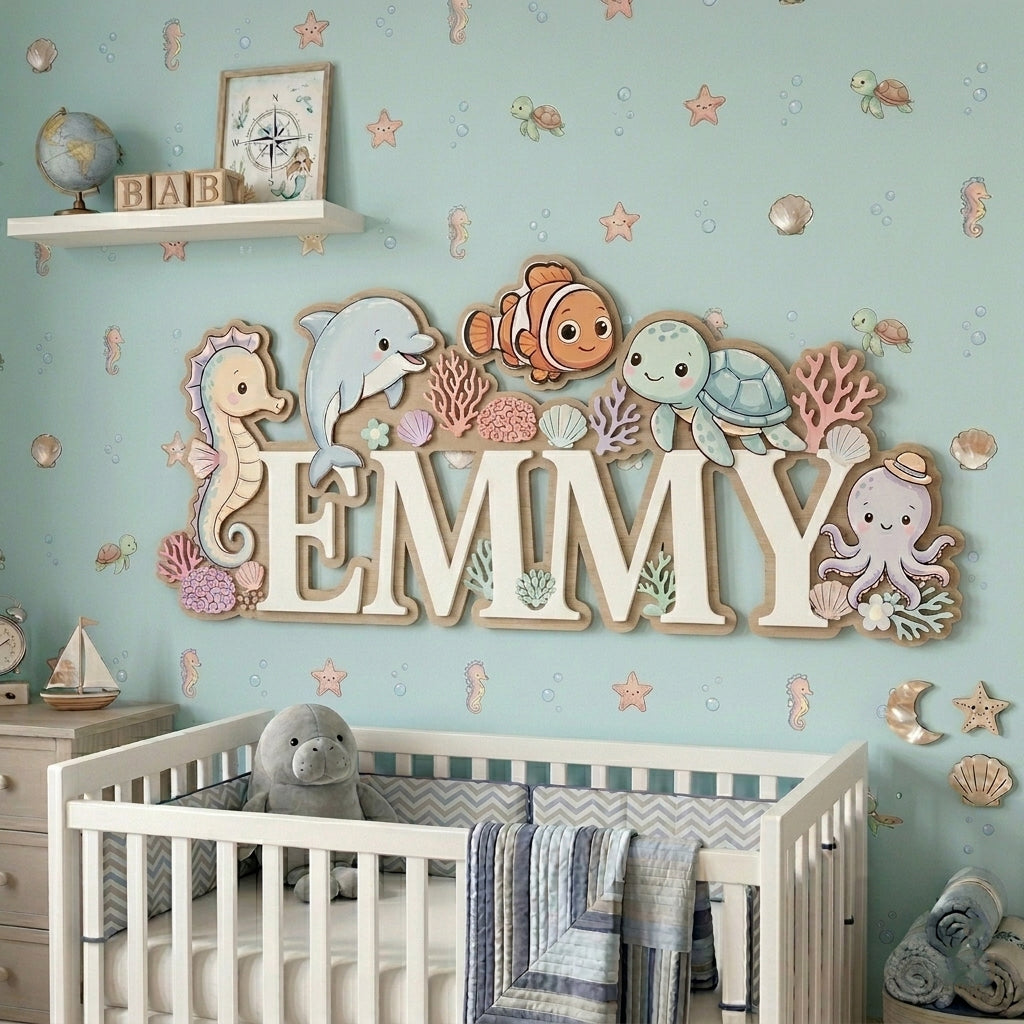 Baby Name Sign for Nursery, Ocean Animal Personalized Name Sign, Custom Nursery Name Sign, Wooden Name Sign for Nursery
