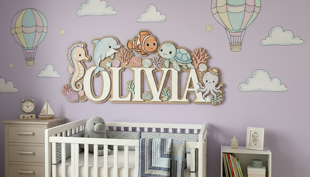 Baby Name Sign for Nursery, Ocean Animal Personalized Name Sign, Custom Nursery Name Sign, Wooden Name Sign for Nursery