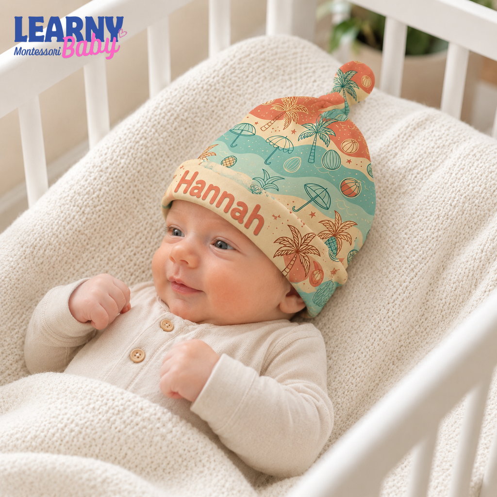 Personalized Beach Bamboo Baby Knotted Hat, Custom Name Tropical Newborn Beanie, Summer Baby Boy Girl Hat