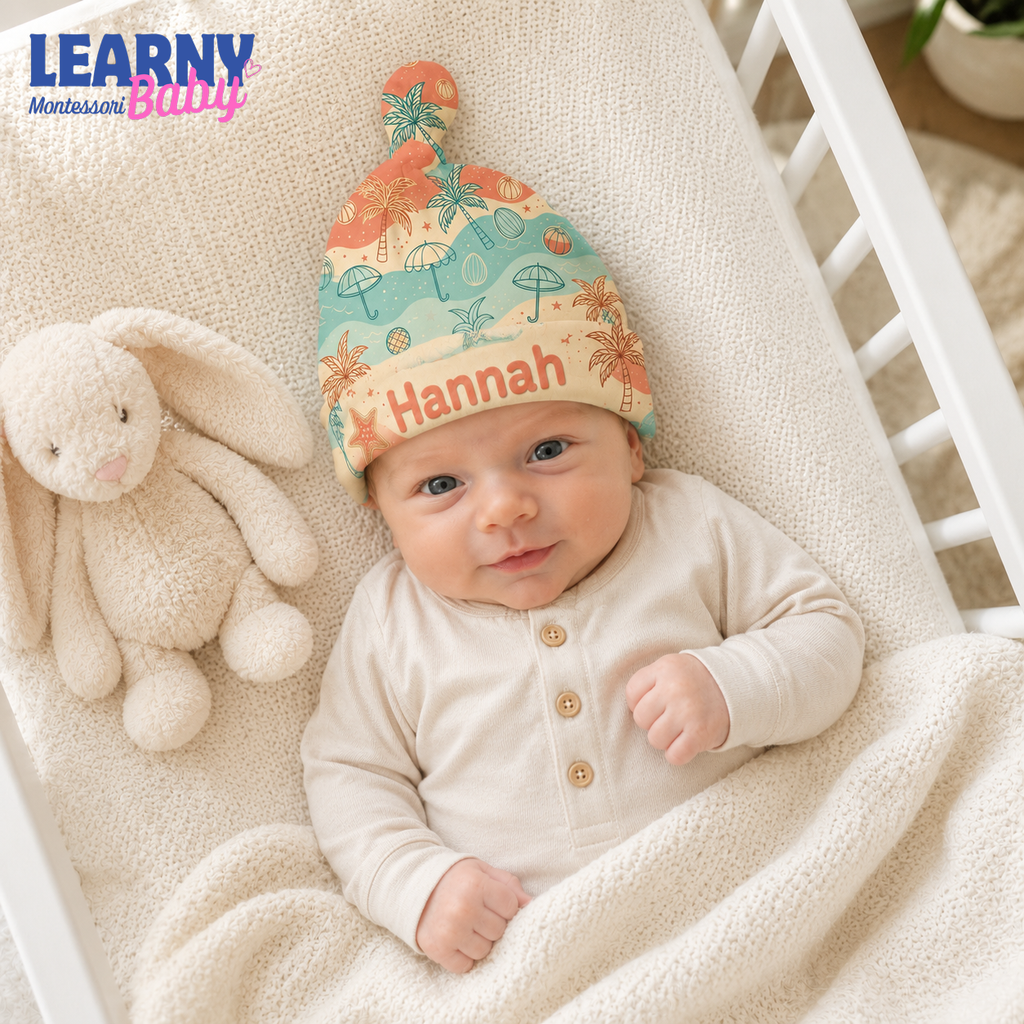Personalized Beach Bamboo Baby Knotted Hat, Custom Name Tropical Newborn Beanie, Summer Baby Boy Girl Hat