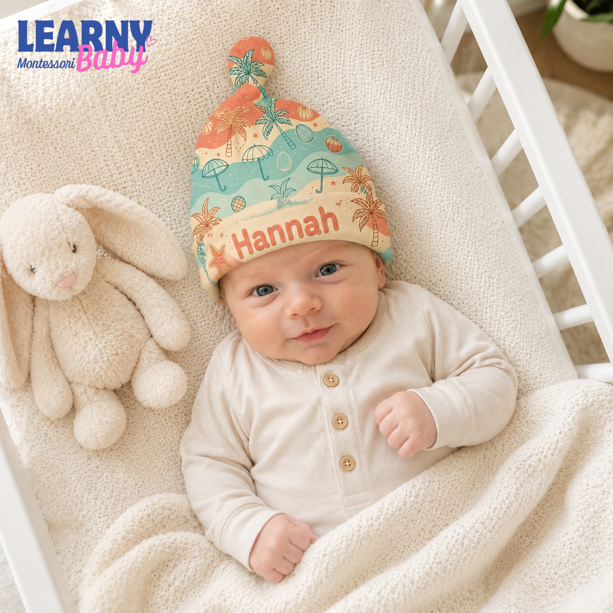 Personalized Beach Bamboo Baby Knotted Hat, Custom Name Tropical Newborn Beanie, Summer Baby Boy Girl Hat