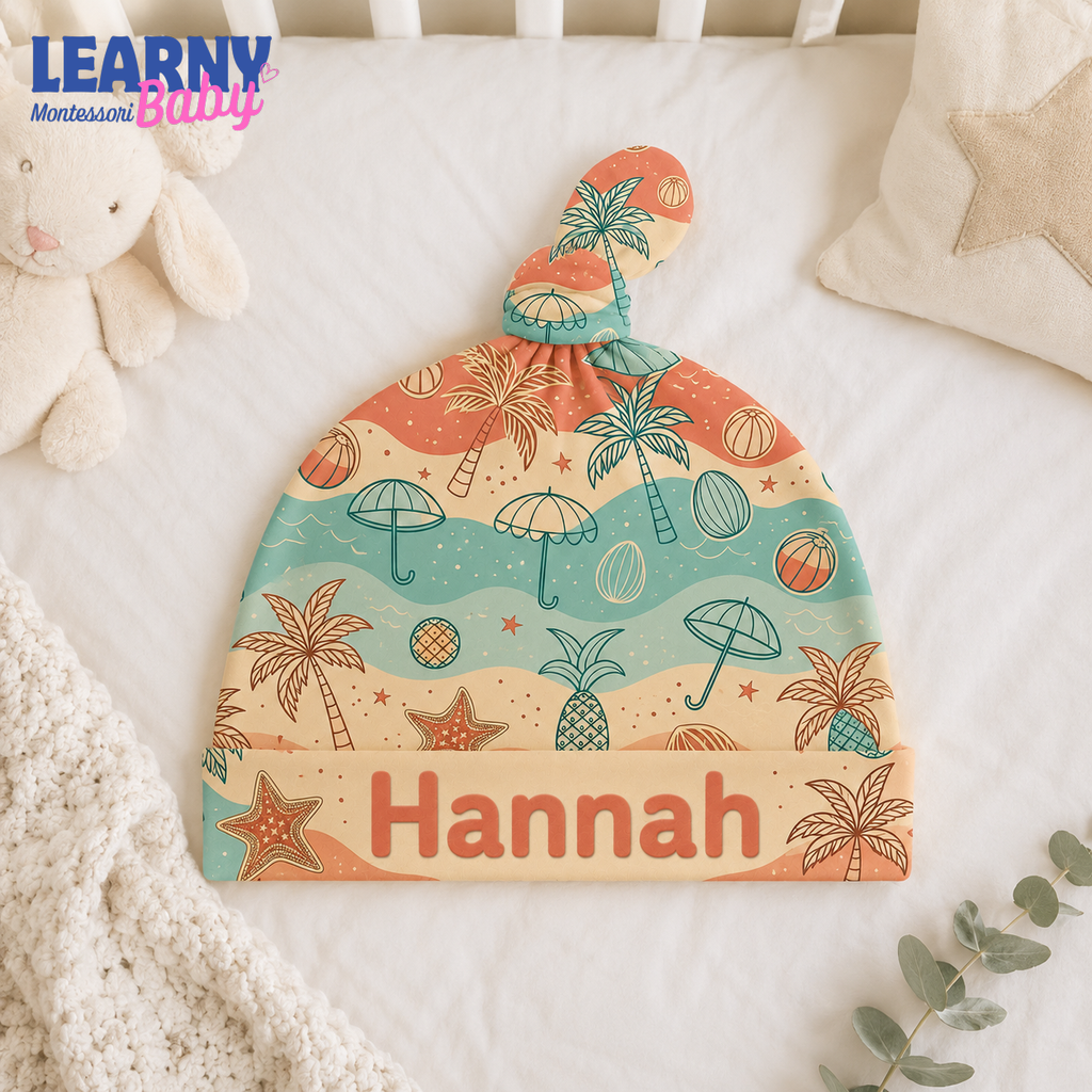 Personalized Beach Bamboo Baby Knotted Hat, Custom Name Tropical Newborn Beanie, Summer Baby Boy Girl Hat