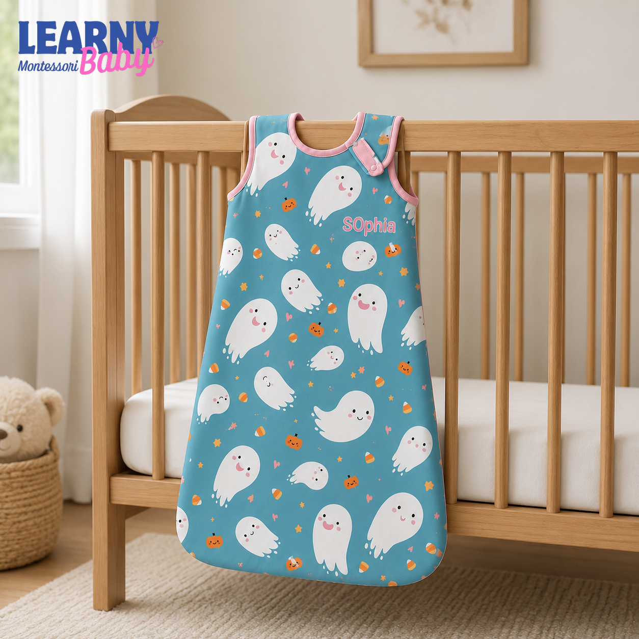 Personalized Blue Halloween Bamboo Sleep Bag, Custom Name Ghost Pumpkin Baby Wearable Blanket, Infant and Toddler Sleep Sack