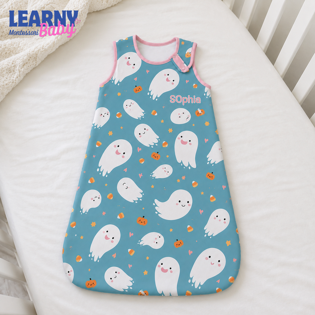 Personalized Blue Halloween Bamboo Sleep Bag, Custom Name Ghost Pumpkin Baby Wearable Blanket, Infant and Toddler Sleep Sack