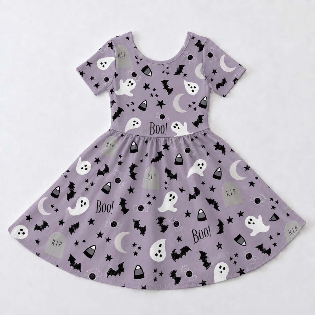 Spooky Boo Ghost Halloween Bamboo Twirl Dress for Girls – Toddler Halloween Party Outfit