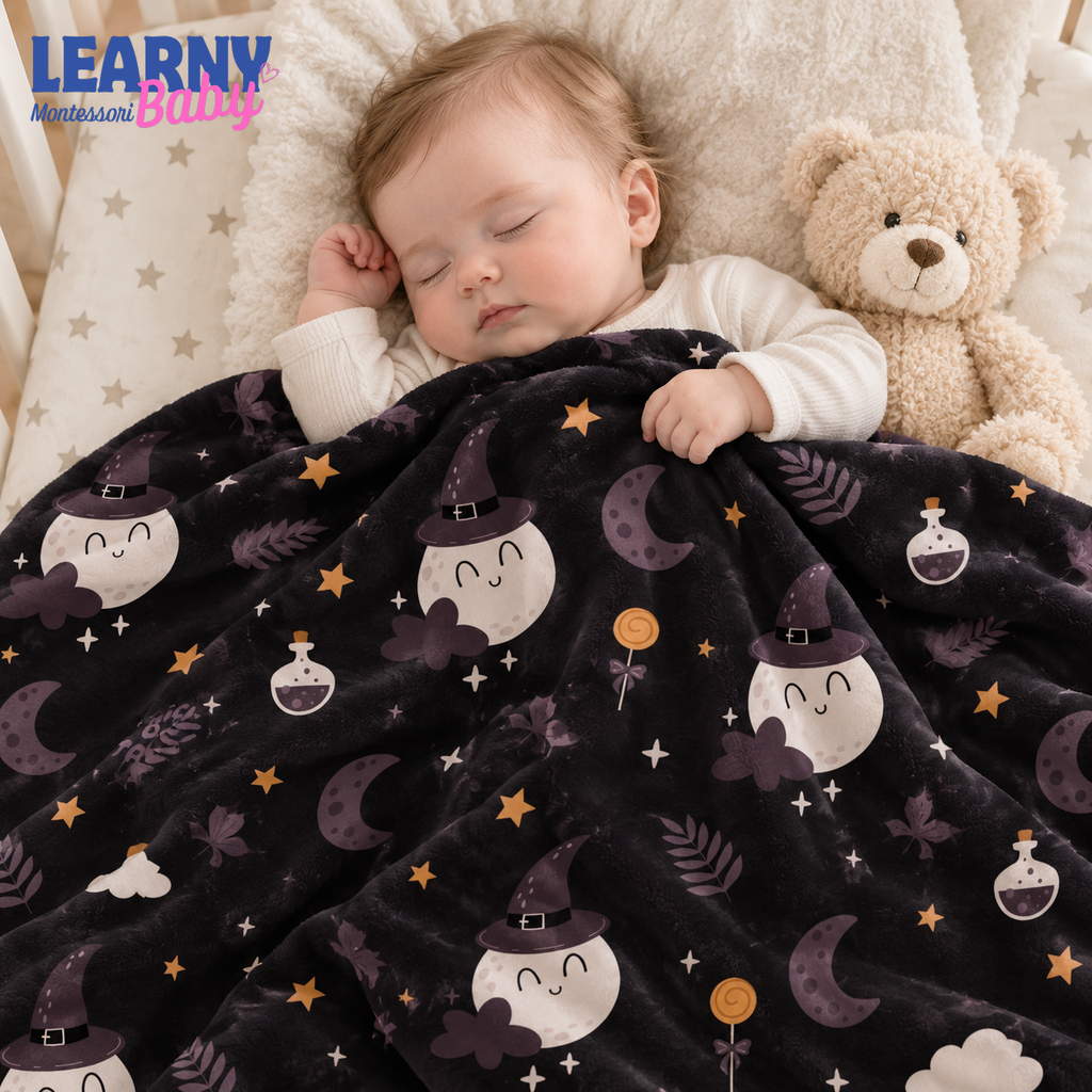 Cute Witch Halloween Bamboo Baby Blanket, Moon Potion and Stars Nursery Throw, Soft Spooky Baby Shower Gift
