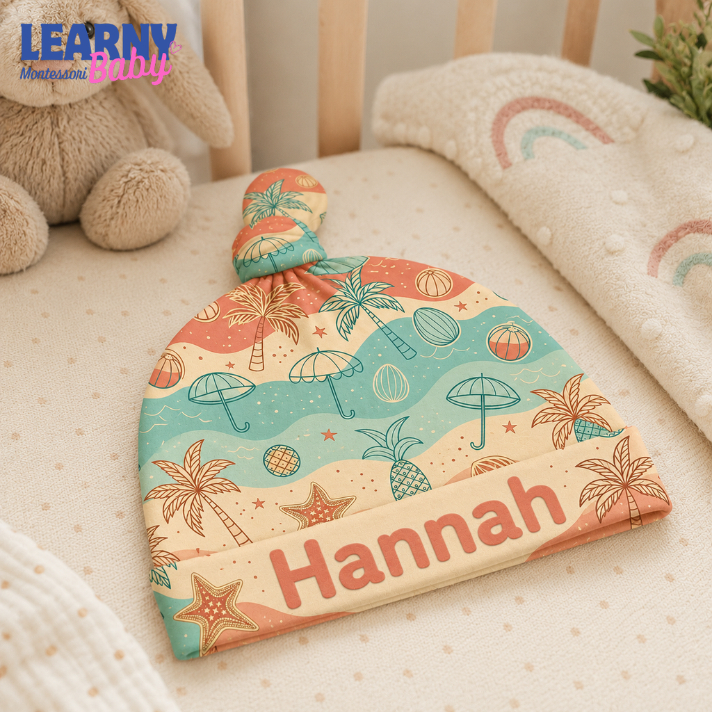 Personalized Beach Bamboo Baby Knotted Hat, Custom Name Tropical Newborn Beanie, Summer Baby Boy Girl Hat