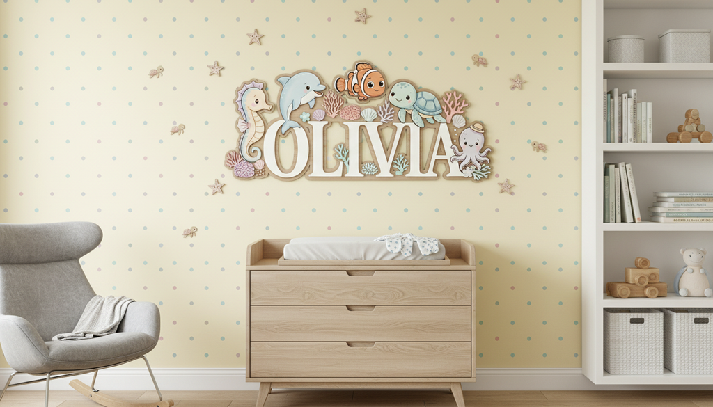 Baby Name Sign for Nursery, Ocean Animal Personalized Name Sign, Custom Nursery Name Sign, Wooden Name Sign for Nursery
