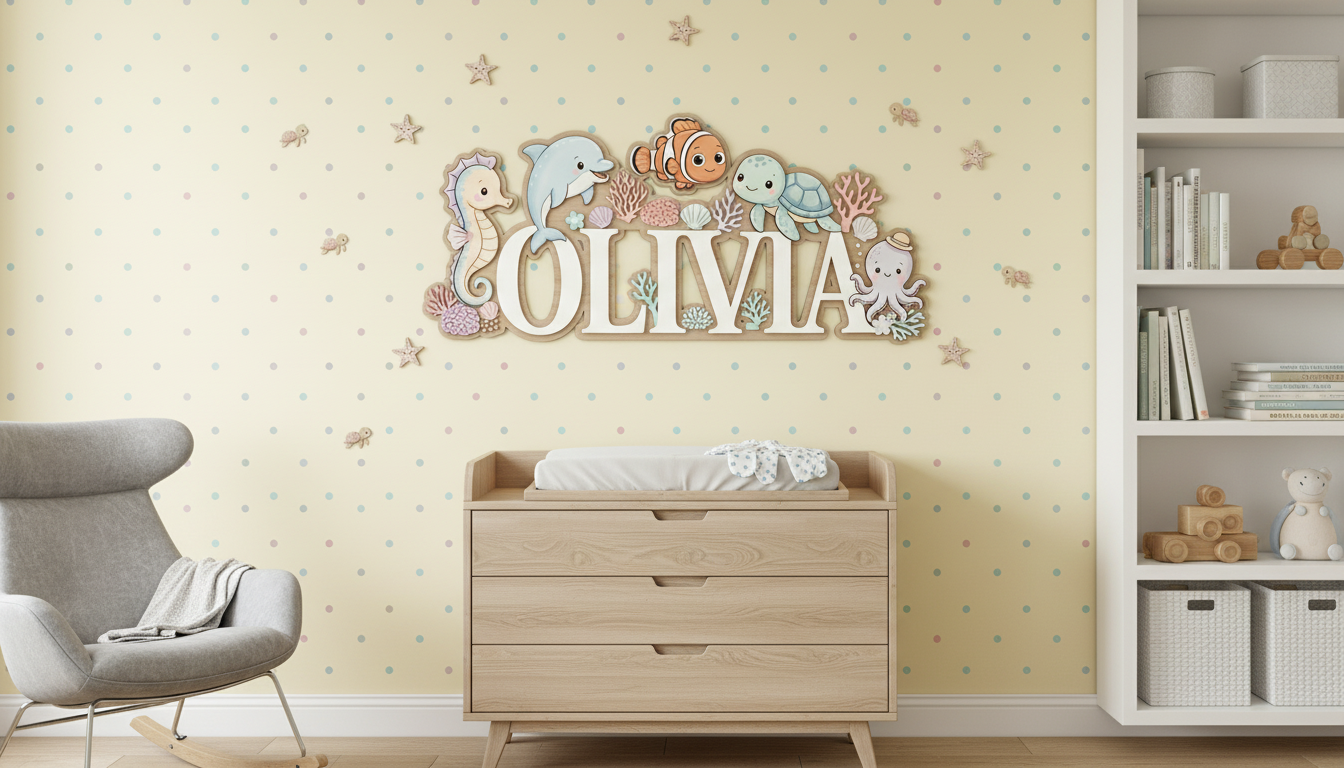 Baby Name Sign for Nursery, Ocean Animal Personalized Name Sign, Custom Nursery Name Sign, Wooden Name Sign for Nursery
