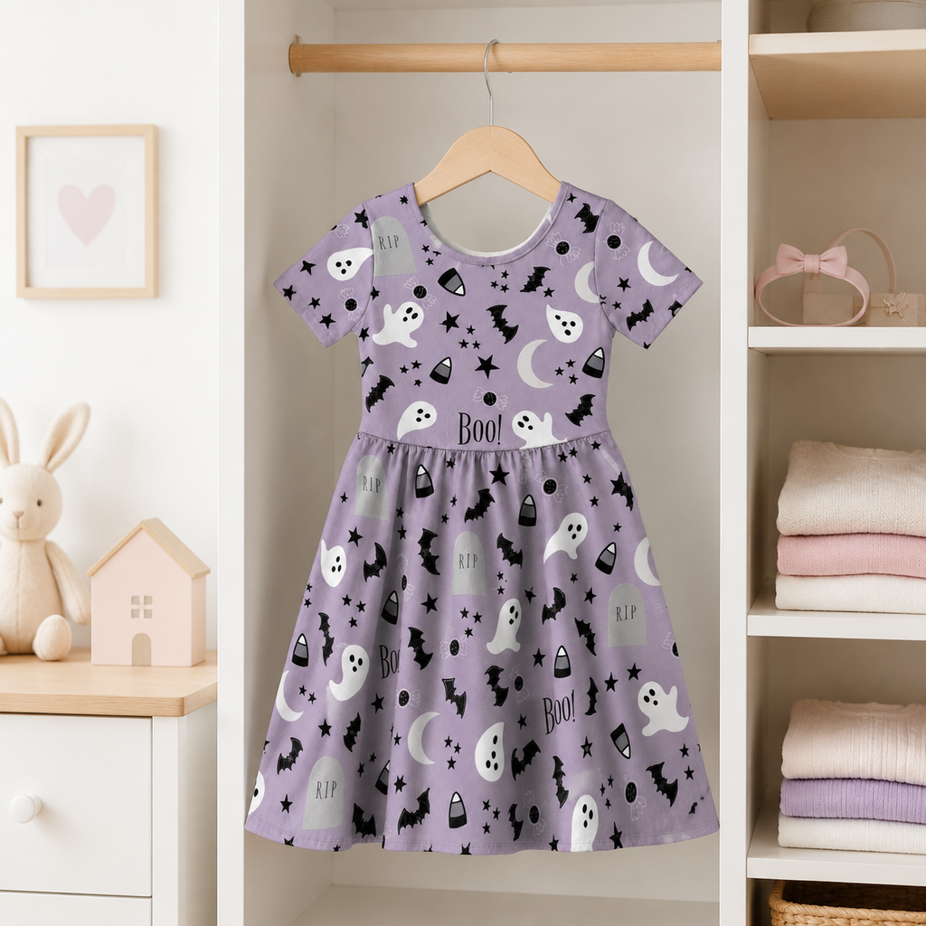 Spooky Boo Ghost Halloween Bamboo Twirl Dress for Girls – Toddler Halloween Party Outfit