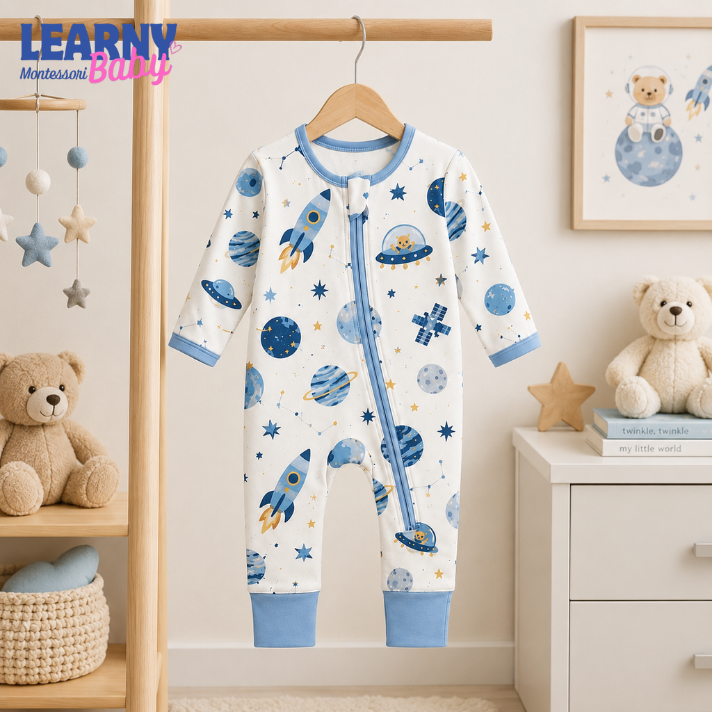 Outer Space Rocket Baby Convertible Zippy Pajamas, Space Baby Sleeper, Newborn Pajamas, Toddler Sleepwear
