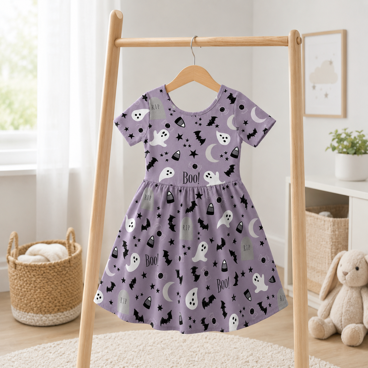 Spooky Boo Ghost Halloween Bamboo Twirl Dress for Girls – Toddler Halloween Party Outfit