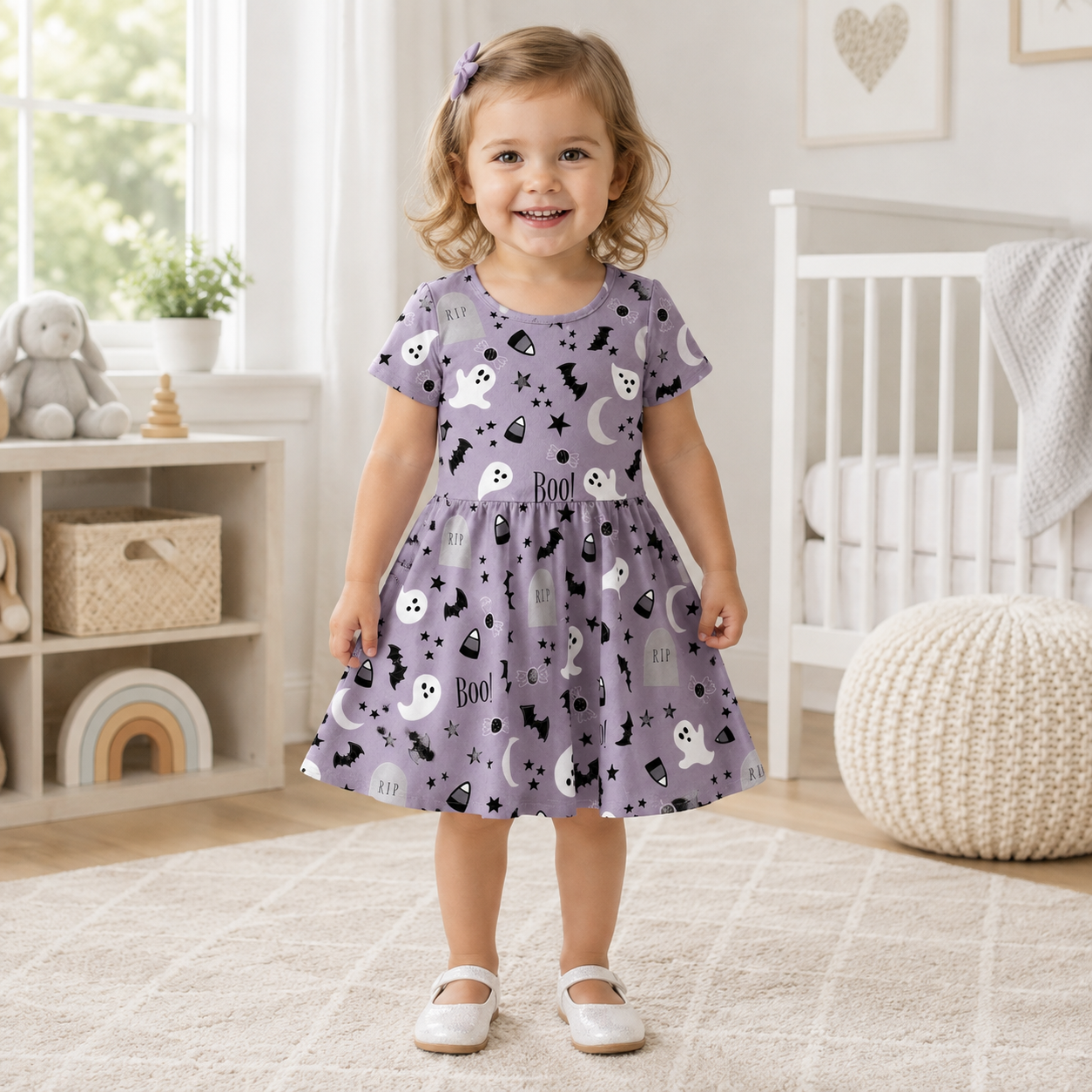 Spooky Boo Ghost Halloween Bamboo Twirl Dress for Girls – Toddler Halloween Party Outfit