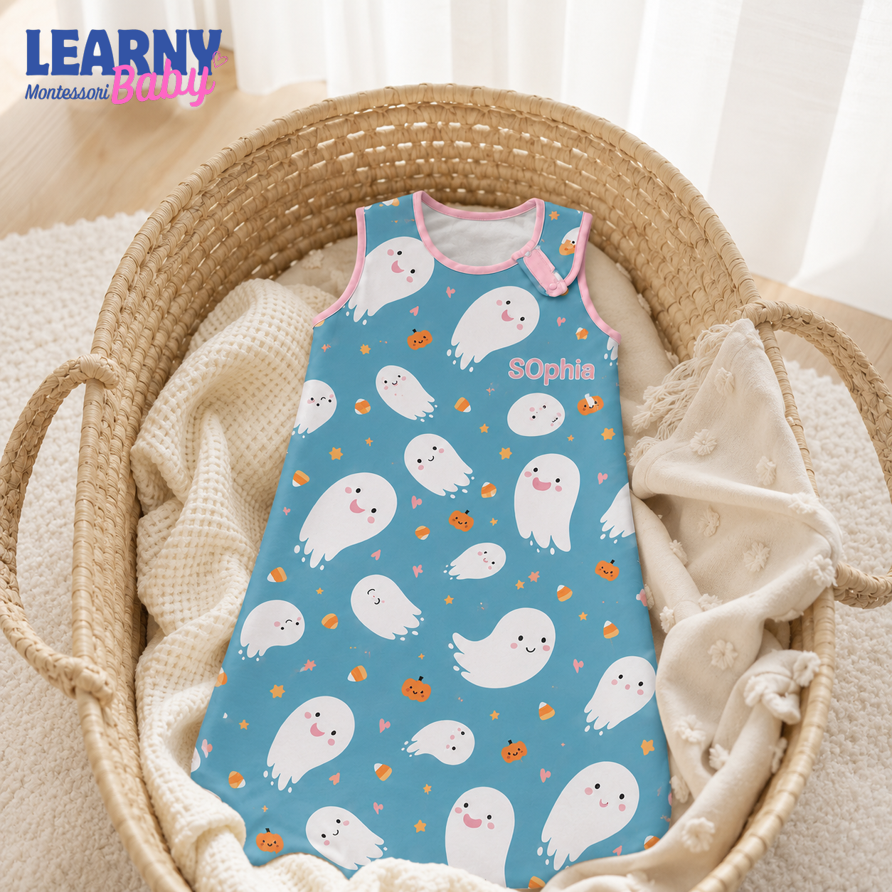 Personalized Blue Halloween Bamboo Sleep Bag, Custom Name Ghost Pumpkin Baby Wearable Blanket, Infant and Toddler Sleep Sack