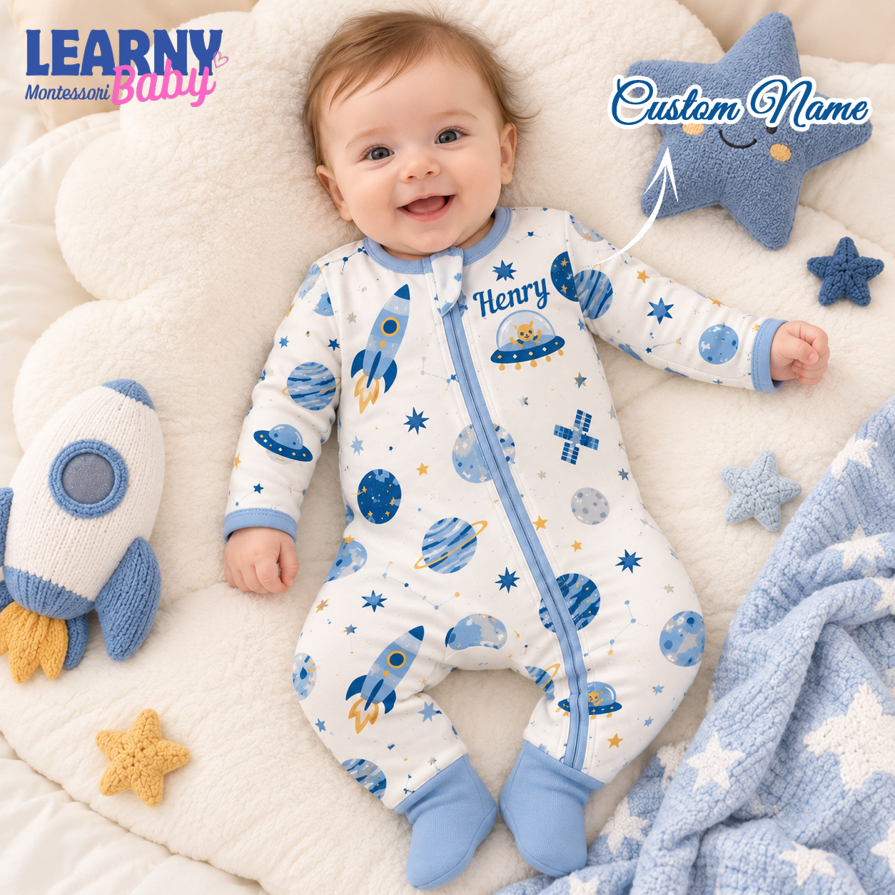Outer Space Rocket Baby Convertible Zippy Pajamas, Space Baby Sleeper, Newborn Pajamas, Toddler Sleepwear