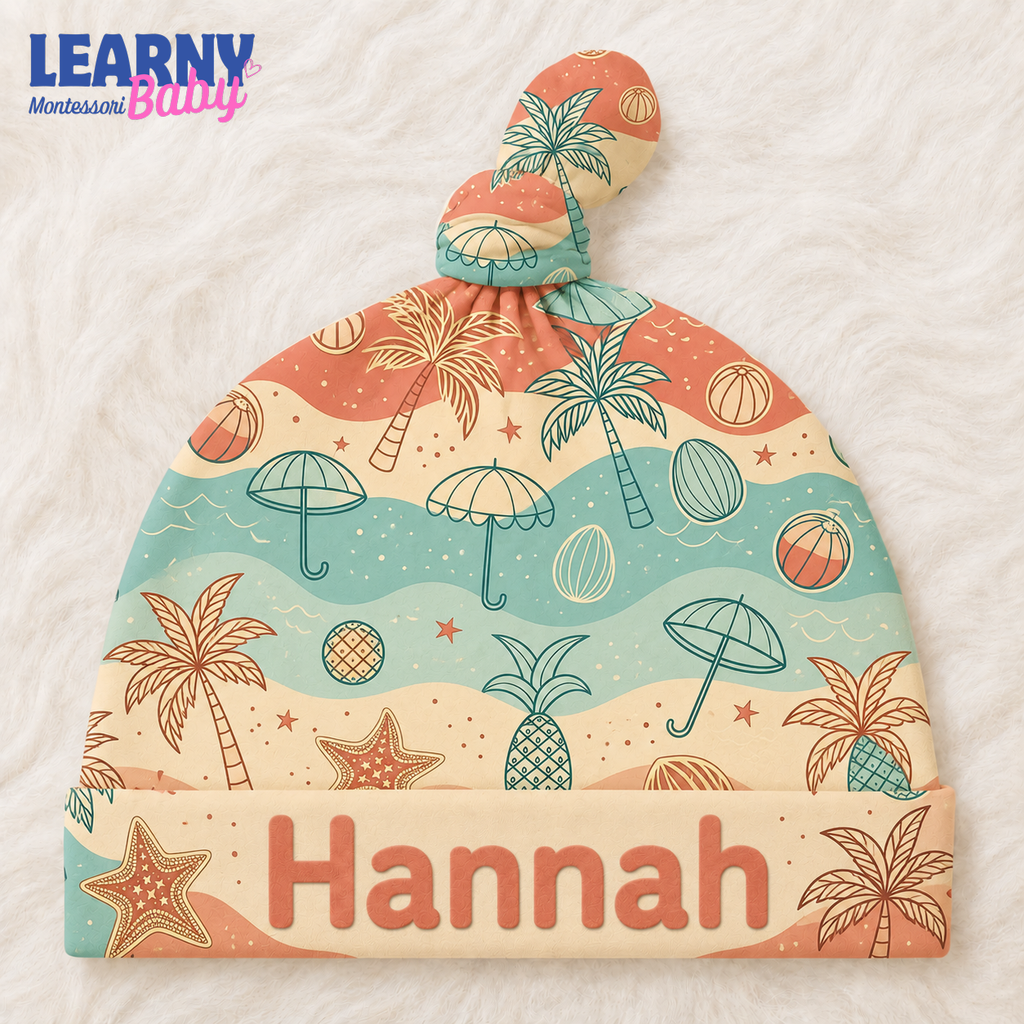Personalized Beach Bamboo Baby Knotted Hat, Custom Name Tropical Newborn Beanie, Summer Baby Boy Girl Hat