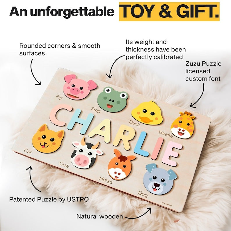 Custom Name Puzzle with Animals, Personalized Baby Gift, First Birthday Gift, Christmas Present, 0-3 Years Personalized Toy BBLB3