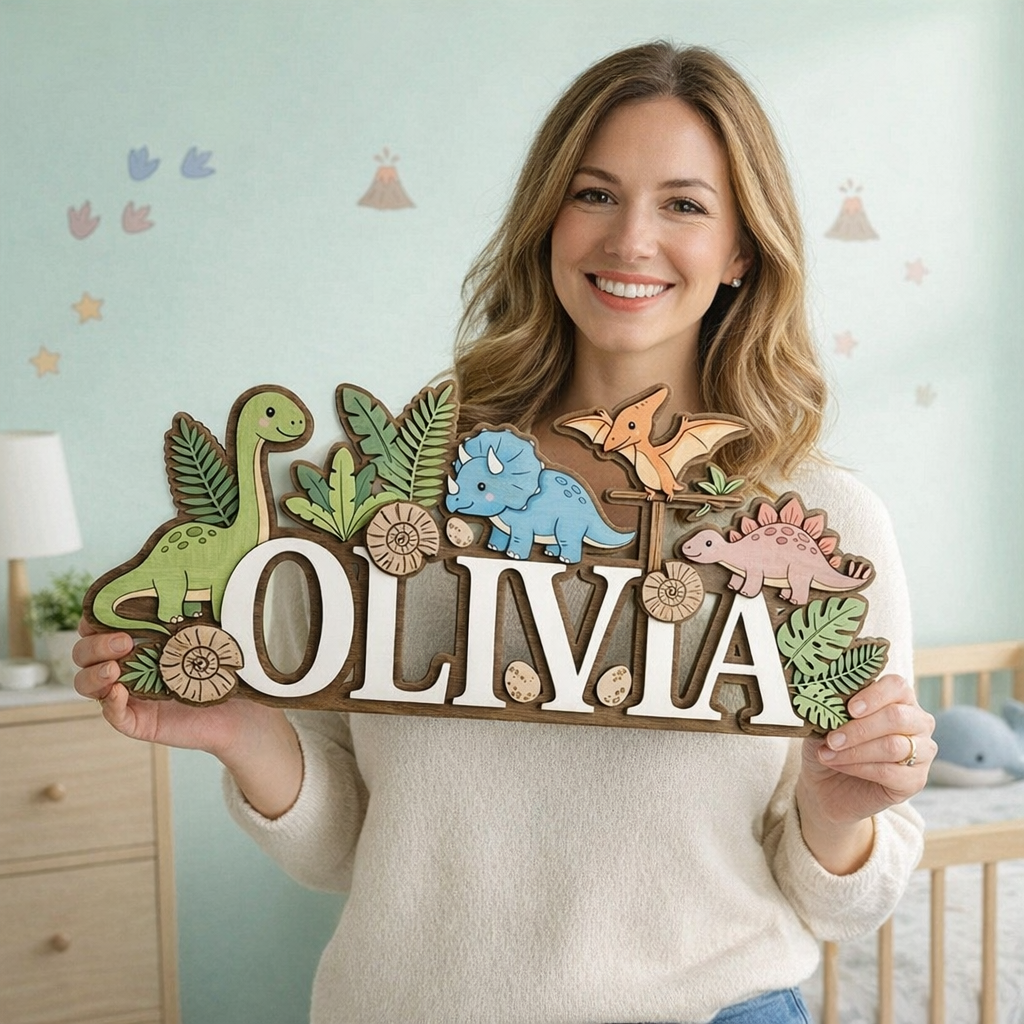 Name Sign for Nursery, Dinosaur Personalized Name Sign, Custom Baby Name Sign for Nursery, Wooden Nursery Name Sign