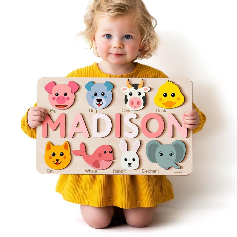 Custom Name Puzzle with Animals, Personalized Baby Gift, First Birthday Gift, Christmas Present, 0-3 Years Personalized Toy BBLB3