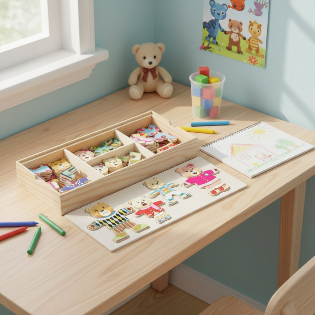 Little Bear Dress-Up Wooden Puzzle, Early Learning & Fine Motor Skills Toy, Montessori Educational Game, Ages 2–5