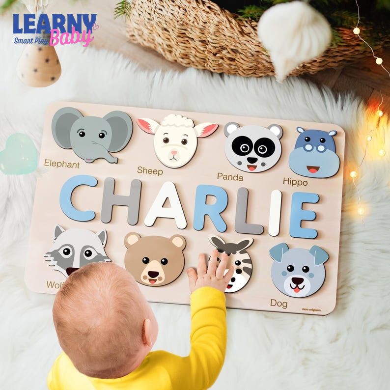 Custom Name Puzzle with Animals, Personalized Baby Gift, First Birthday Gift, Christmas Present, 0-3 Years Personalized Toy BBLB3
