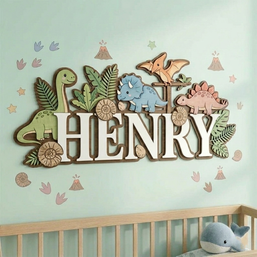 Name Sign for Nursery, Dinosaur Personalized Name Sign, Custom Baby Name Sign for Nursery, Wooden Nursery Name Sign