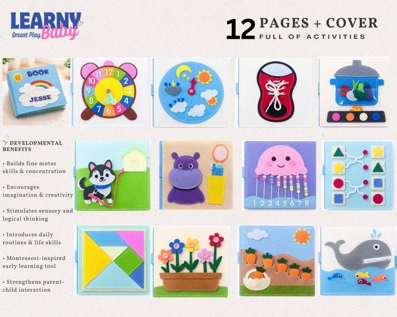 Activity Busy Book, Montessori educational book for kids, Personalized Quiet Book for Toddlers, Personalized book, Felt busy book