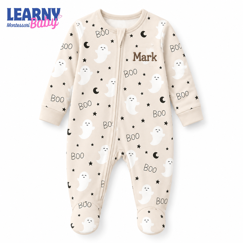 Cute Ghost Bamboo Baby Footie Zippy, Neutral Boo Halloween Baby Pajamas, Minimalist Newborn Spooky Season Outfit