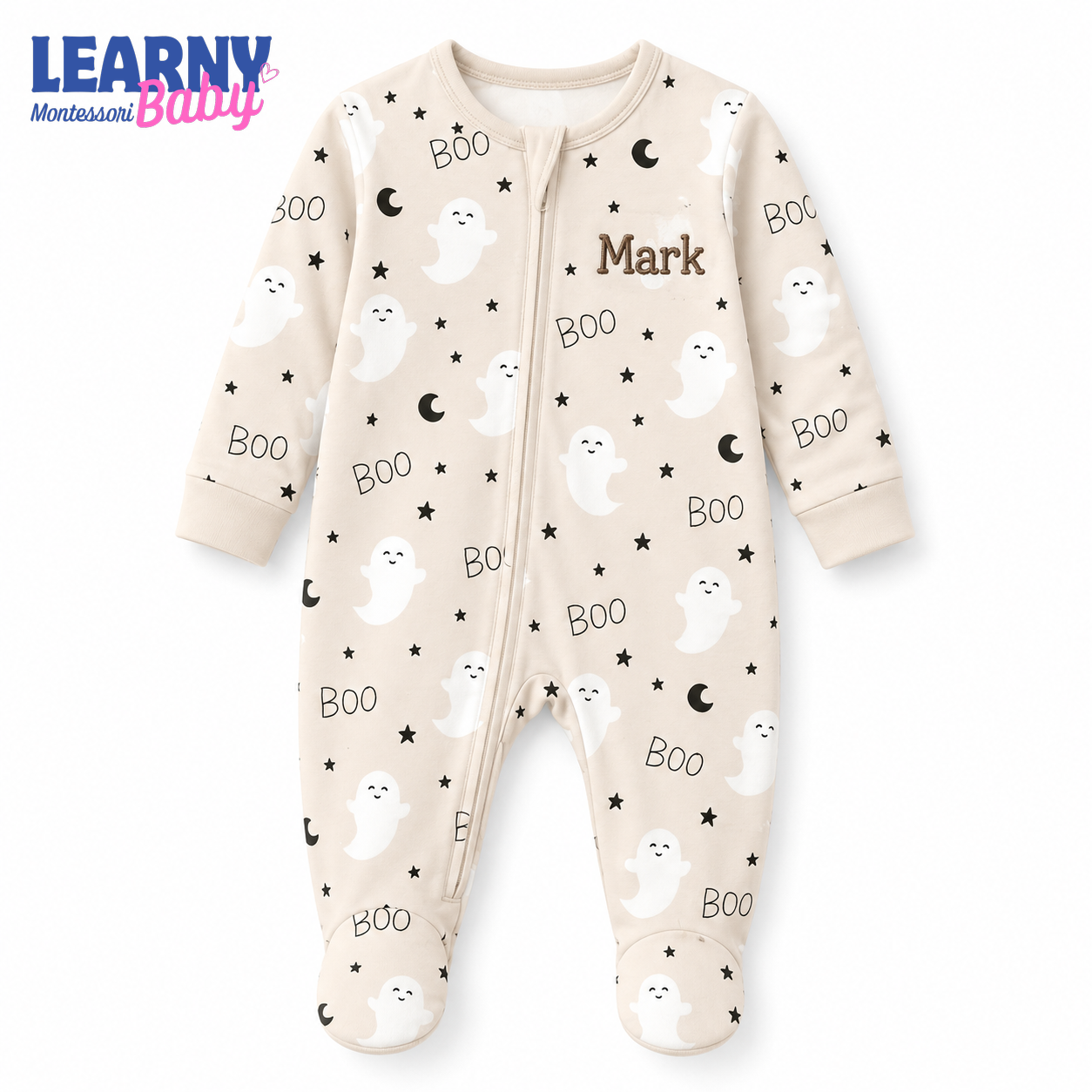 Cute Ghost Bamboo Baby Footie Zippy, Neutral Boo Halloween Baby Pajamas, Minimalist Newborn Spooky Season Outfit