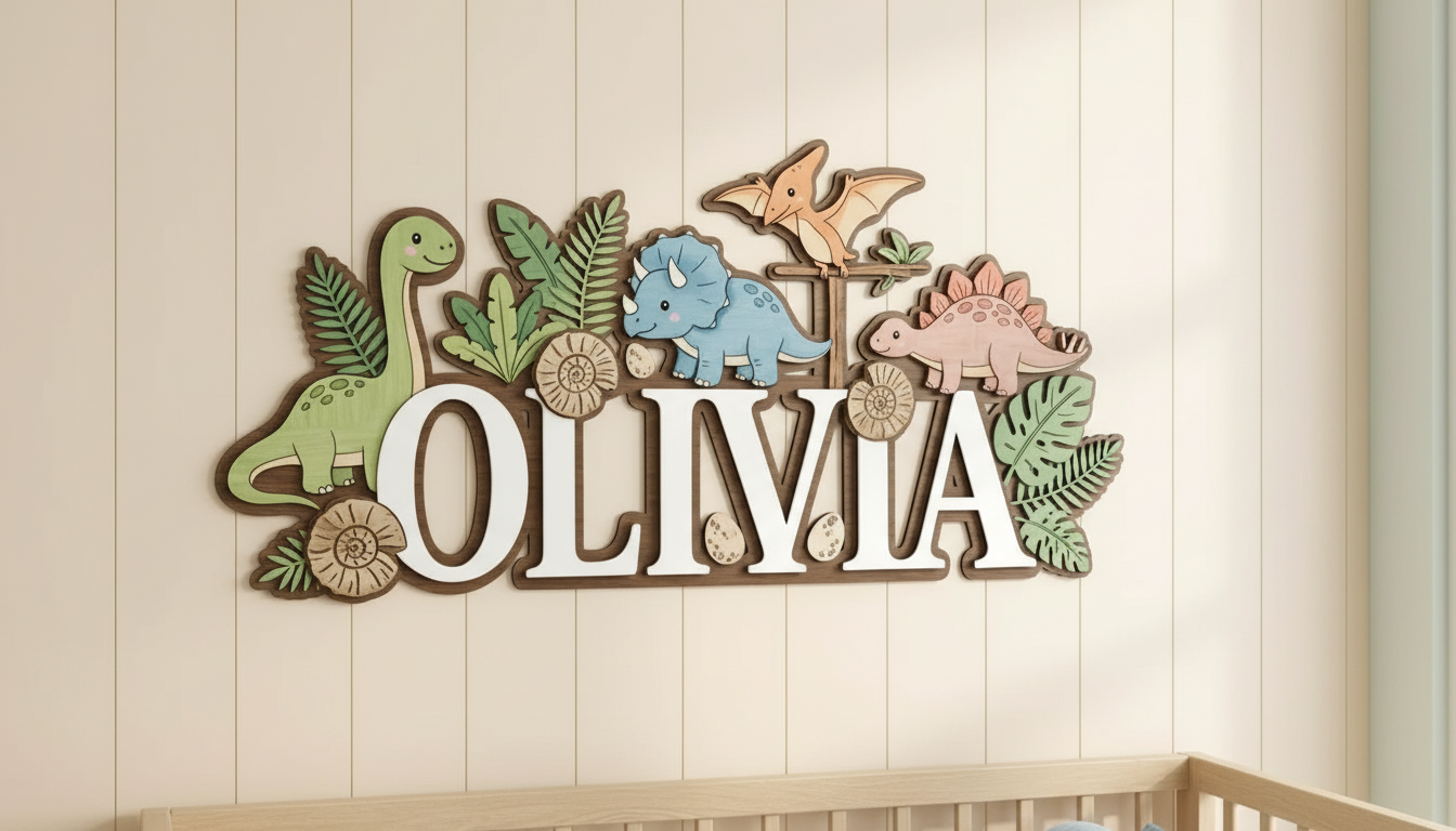 Name Sign for Nursery, Dinosaur Personalized Name Sign, Custom Baby Name Sign for Nursery, Wooden Nursery Name Sign