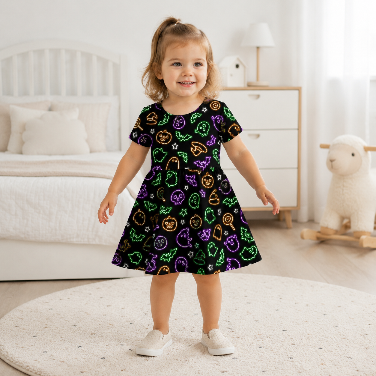 Neon Halloween Ghost & Pumpkin Bamboo Twirl Dress for Girls – Kids Short-Sleeve Skater Dress