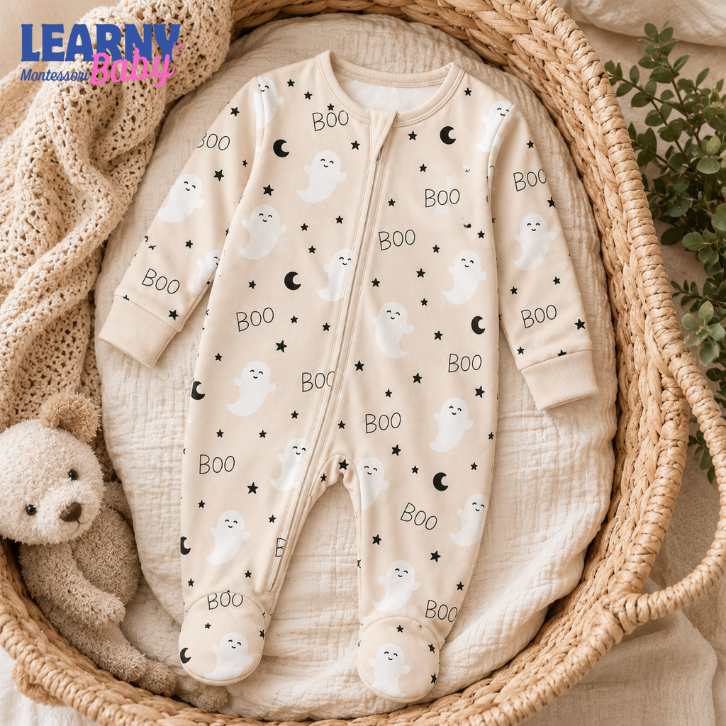 Cute Ghost Bamboo Baby Footie Zippy, Neutral Boo Halloween Baby Pajamas, Minimalist Newborn Spooky Season Outfit