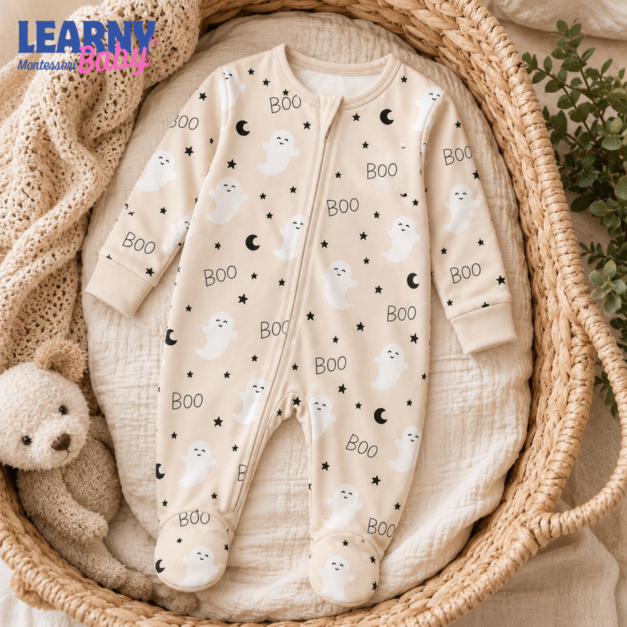 Cute Ghost Bamboo Baby Footie Zippy, Neutral Boo Halloween Baby Pajamas, Minimalist Newborn Spooky Season Outfit