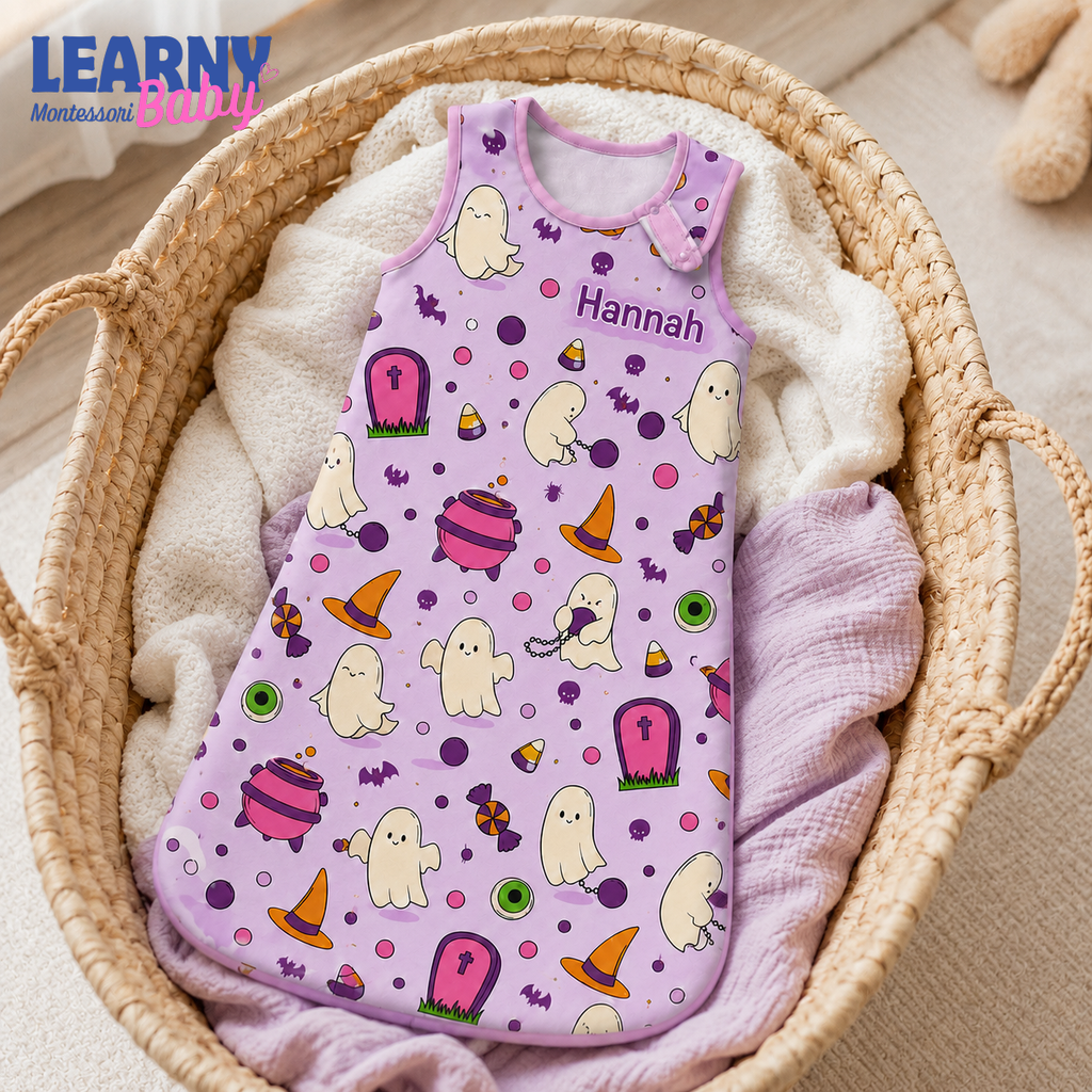 Personalized Purple Halloween Bamboo Sleep Bag, Custom Name Cute Ghost Baby Wearable Blanket, Baby Girl Halloween Sleep Sack