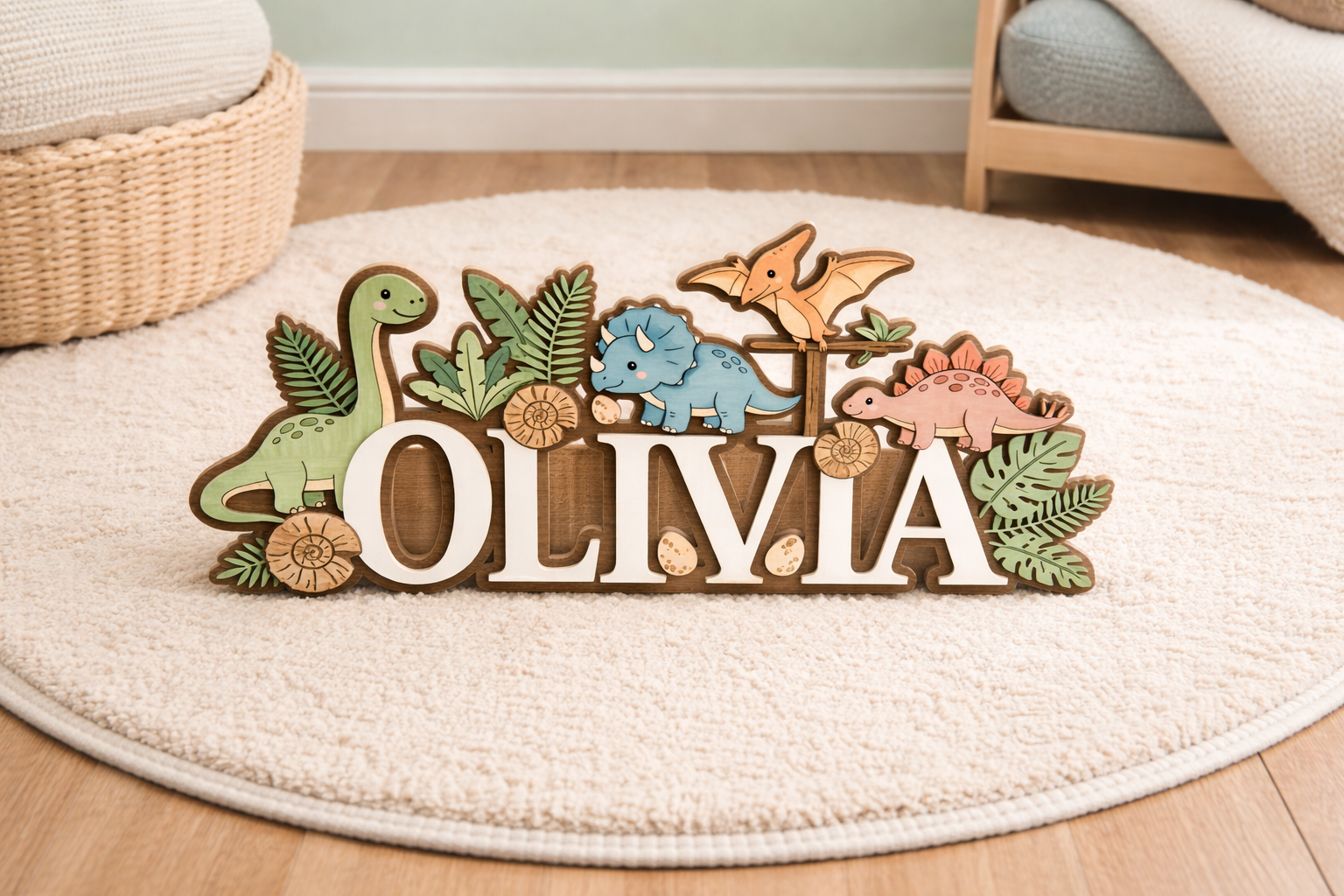 Name Sign for Nursery, Dinosaur Personalized Name Sign, Custom Baby Name Sign for Nursery, Wooden Nursery Name Sign