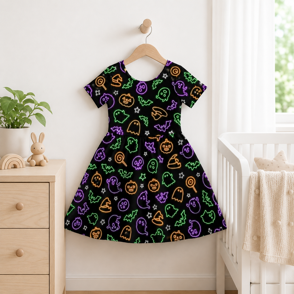 Neon Halloween Ghost & Pumpkin Bamboo Twirl Dress for Girls – Kids Short-Sleeve Skater Dress