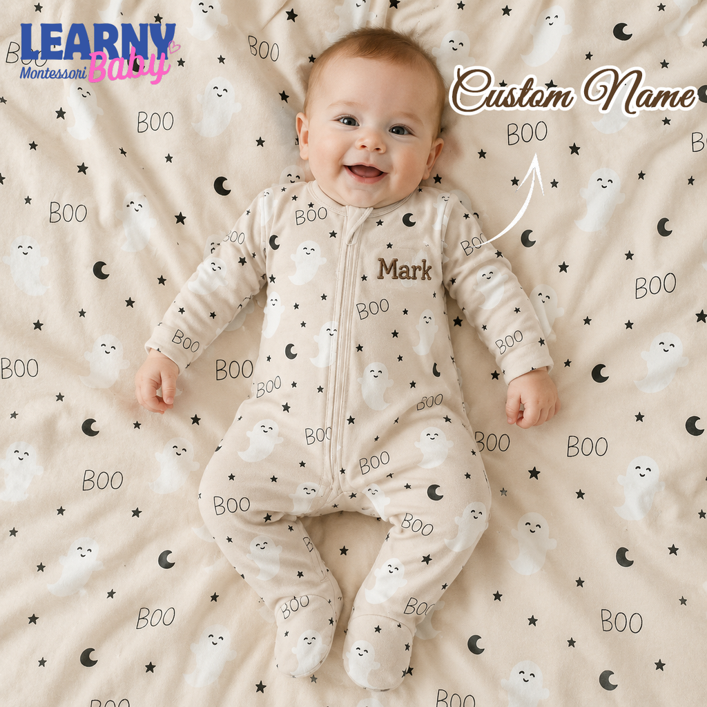 Cute Ghost Bamboo Baby Footie Zippy, Neutral Boo Halloween Baby Pajamas, Minimalist Newborn Spooky Season Outfit