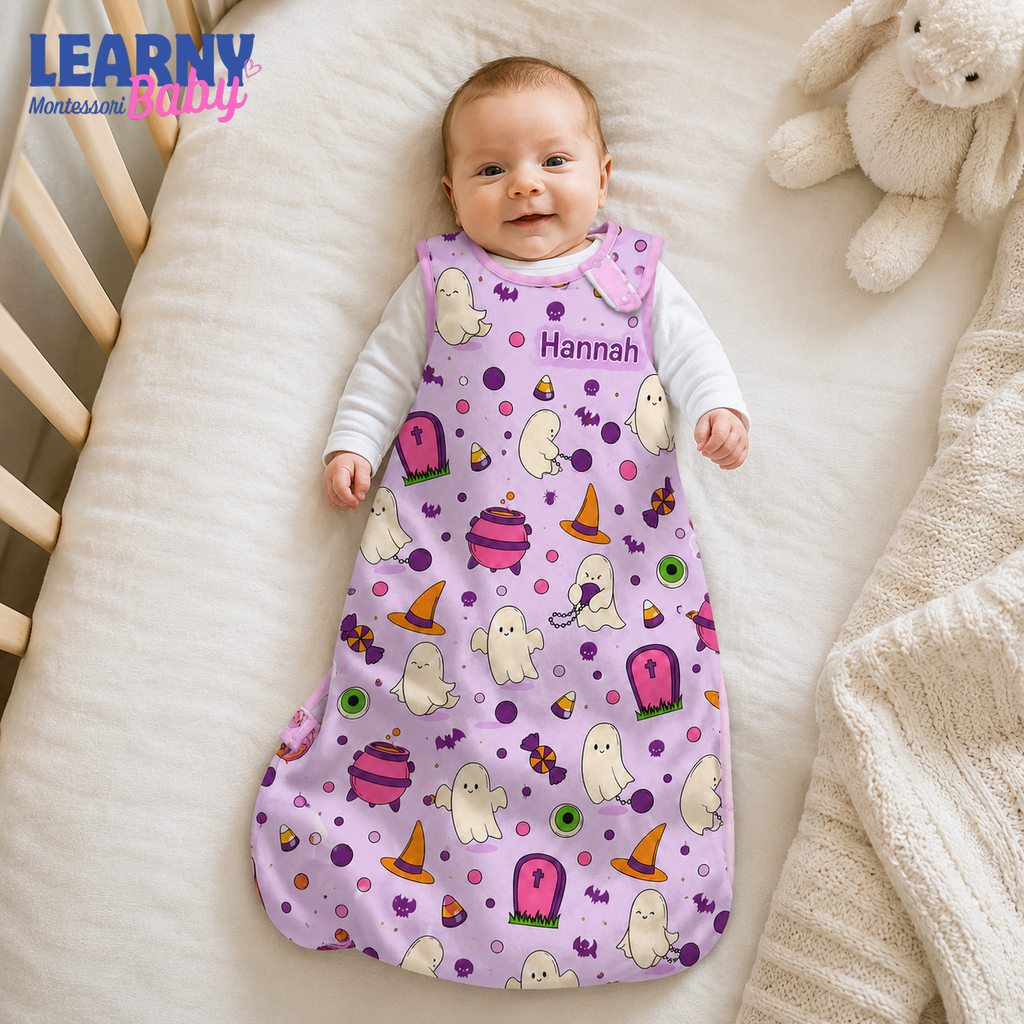 Personalized Purple Halloween Bamboo Sleep Bag, Custom Name Cute Ghost Baby Wearable Blanket, Baby Girl Halloween Sleep Sack