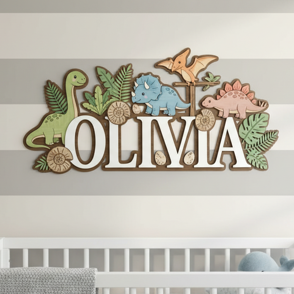 Name Sign for Nursery, Dinosaur Personalized Name Sign, Custom Baby Name Sign for Nursery, Wooden Nursery Name Sign