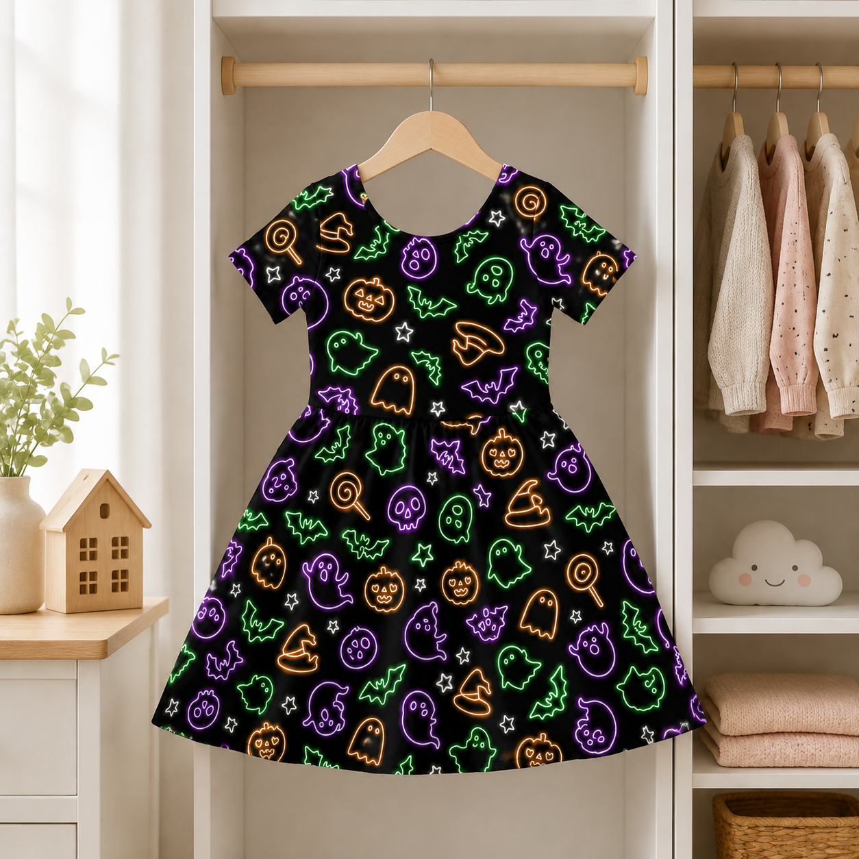 Neon Halloween Ghost & Pumpkin Bamboo Twirl Dress for Girls – Kids Short-Sleeve Skater Dress