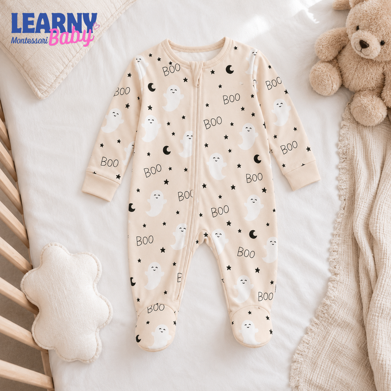 Cute Ghost Bamboo Baby Footie Zippy, Neutral Boo Halloween Baby Pajamas, Minimalist Newborn Spooky Season Outfit