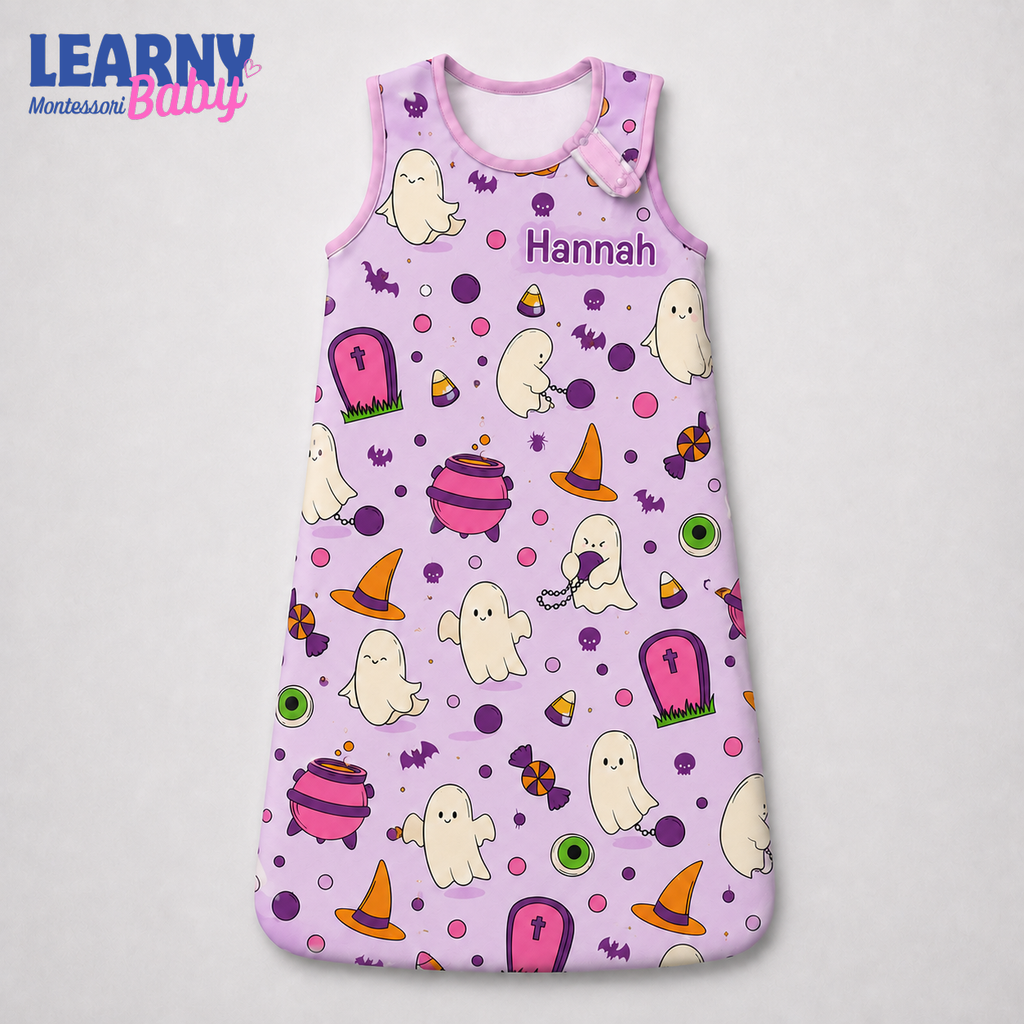 Personalized Purple Halloween Bamboo Sleep Bag, Custom Name Cute Ghost Baby Wearable Blanket, Baby Girl Halloween Sleep Sack