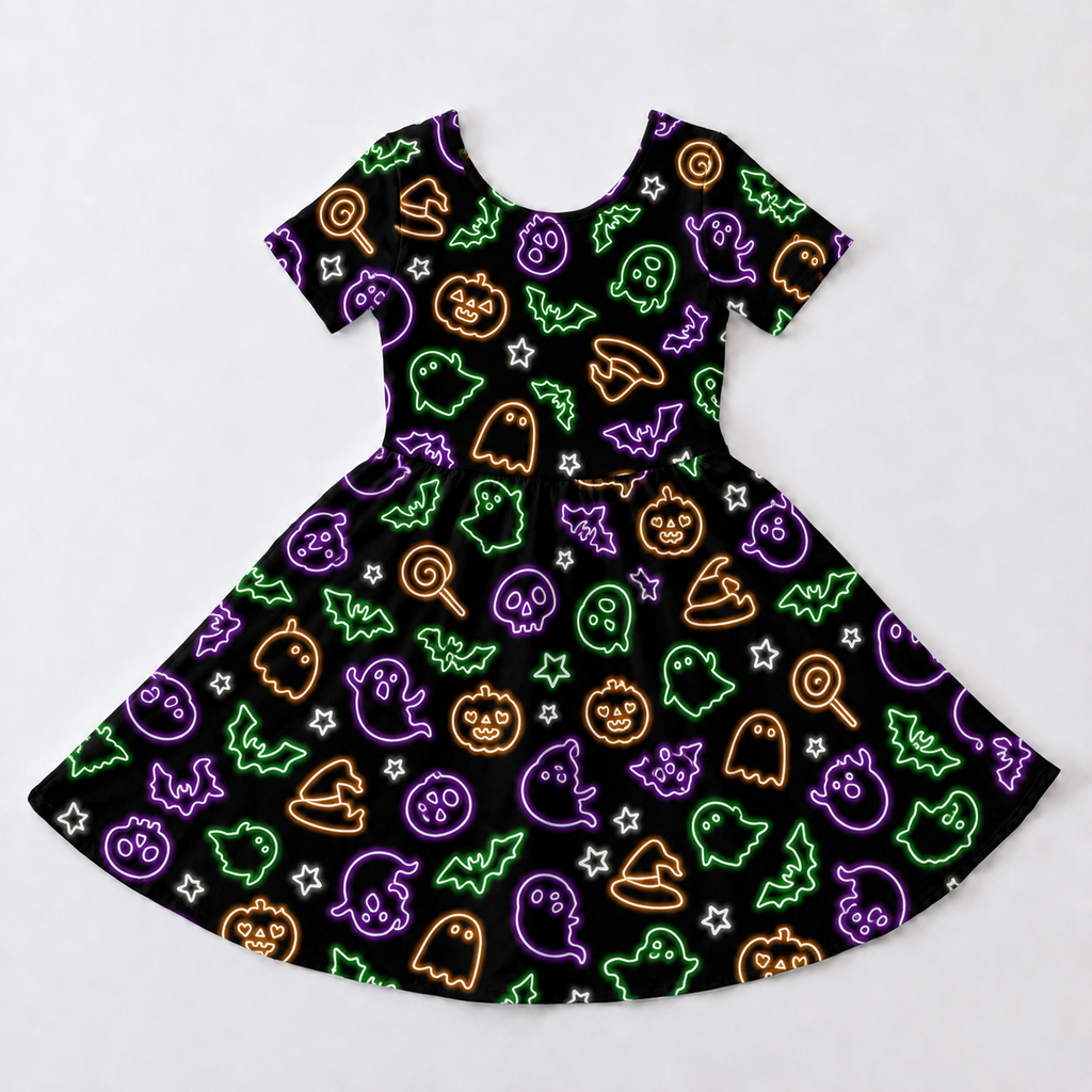 Neon Halloween Ghost & Pumpkin Bamboo Twirl Dress for Girls – Kids Short-Sleeve Skater Dress