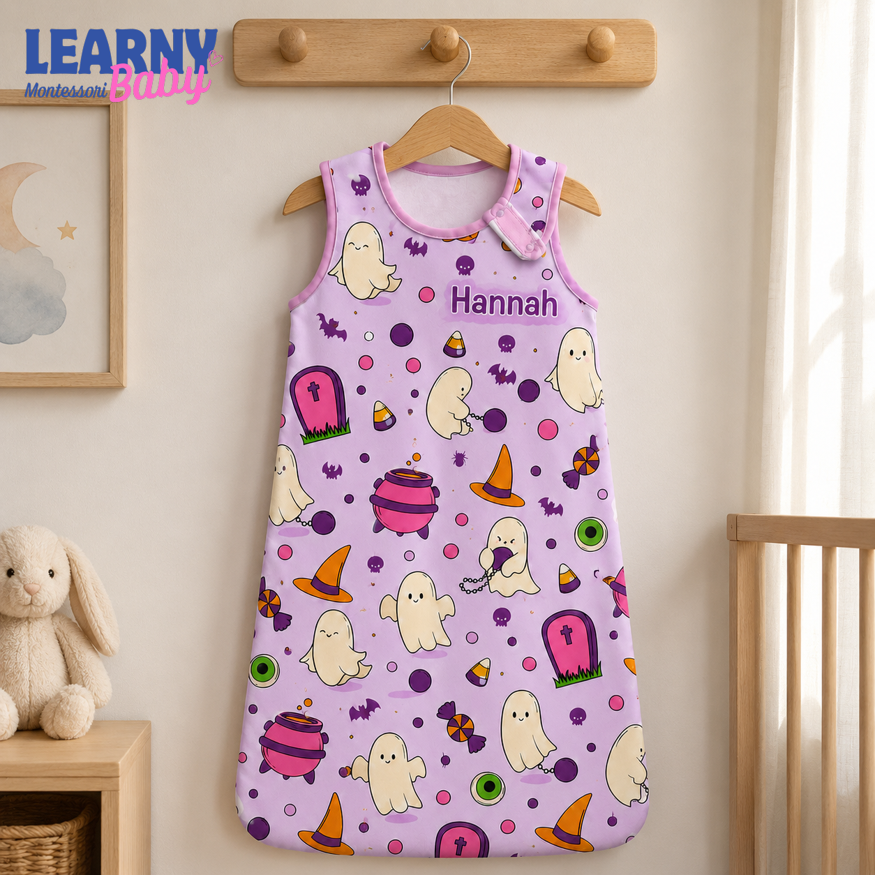Personalized Purple Halloween Bamboo Sleep Bag, Custom Name Cute Ghost Baby Wearable Blanket, Baby Girl Halloween Sleep Sack