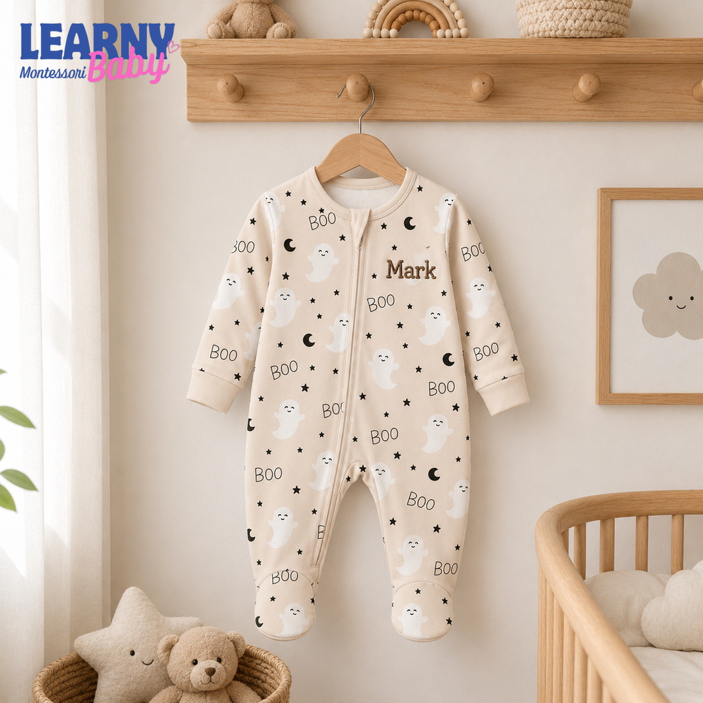 Cute Ghost Bamboo Baby Footie Zippy, Neutral Boo Halloween Baby Pajamas, Minimalist Newborn Spooky Season Outfit