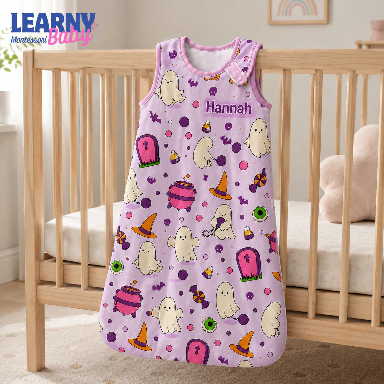 Personalized Purple Halloween Bamboo Sleep Bag, Custom Name Cute Ghost Baby Wearable Blanket, Baby Girl Halloween Sleep Sack